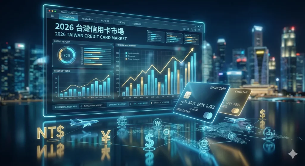 2026年台灣信用卡市場深度分析報告的未來感數位數據儀表板，展示金融科技趨勢、貨幣符號（NT$、日圓、美元）與全球連結意象。