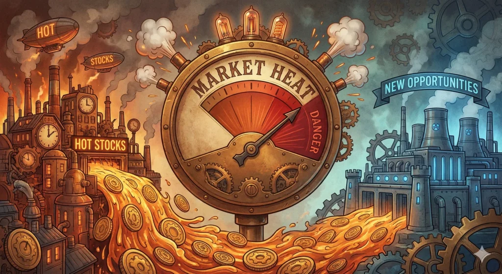 A stylized illustration in a retro-futuristic, steampunk art style. A large, ornate brass pressure gauge labeled "MARKET HEAT" has its needle pointing deep into a glowing red "DANGER" zone, with steam puffing out. Below it, a river of stylized gold coins flows rapidly from a crowded, overheating mechanical city (labeled "HOT STOCKS") towards a cooler, more stable-looking industrial complex (labeled "NEW OPPORTUNITIES"). The color palette is dominated by warm oranges, reds, and cool blues. Digital illustration, detailed textures.