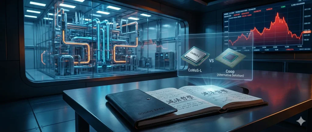 技術焦點 (Coop vs. CoWoS)： 利用全息投影技術，視覺化呈現筆記中提到的 Nvidia 封裝之亂。直接對比「有蓋子 (CoWoS-L)」與「無蓋子 (Coop)」的晶片差異，這是本集非常硬核的產業知識點