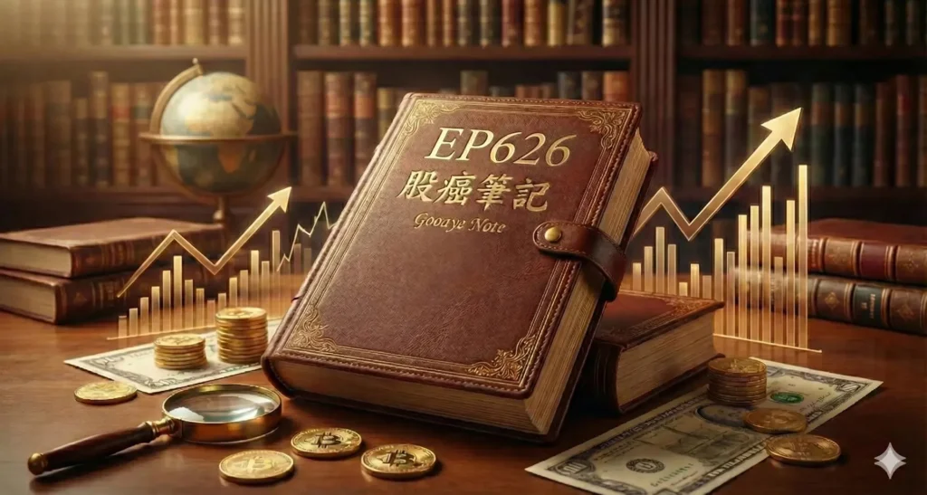 股癌筆記 EP626 封面示意圖：市場過熱警訊、台積電廠務供應鏈與馬斯克晶圓廠狂想，搭配投資書籍與股市走勢圖。