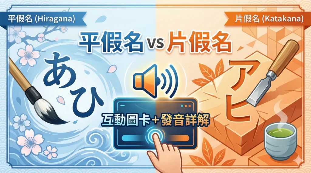 日文平假名與片假名區別對照圖：左側藍色代表圓潤的平假名(あ)，右側橘色代表剛硬的片假名(ア)，中間包含互動發音功能示意。