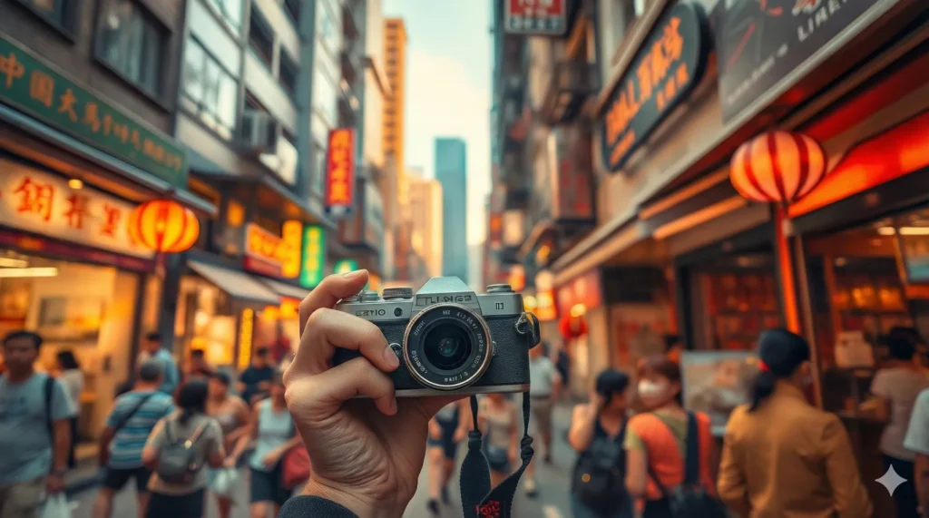 Wandergogo 站長在繁忙街頭手持老相機的主觀視角，象徵其結合金融理性與攝影感性的生活哲學。